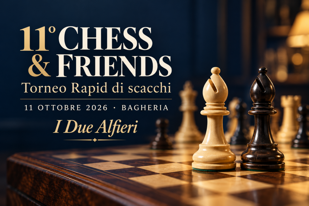 Due alfieri su una scacchiera con titolo dell’11° Chess & Friends, a Bagheria l’11 ottobre 2026