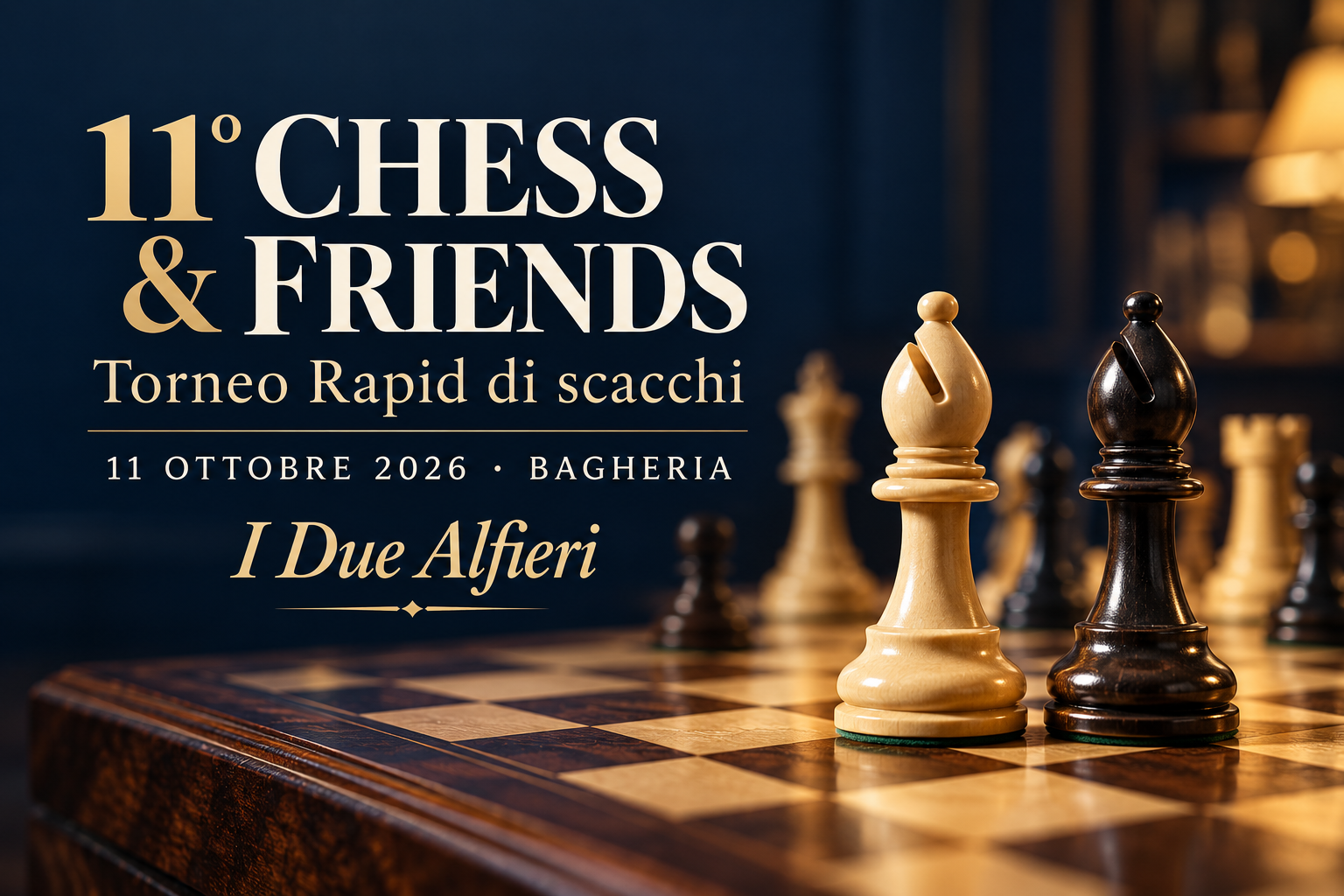 11° Chess & Friends – I Due Alfieri Due alfieri su una scacchiera con titolo dell’11° Chess & Friends, a Bagheria l’11 ottobre 2026